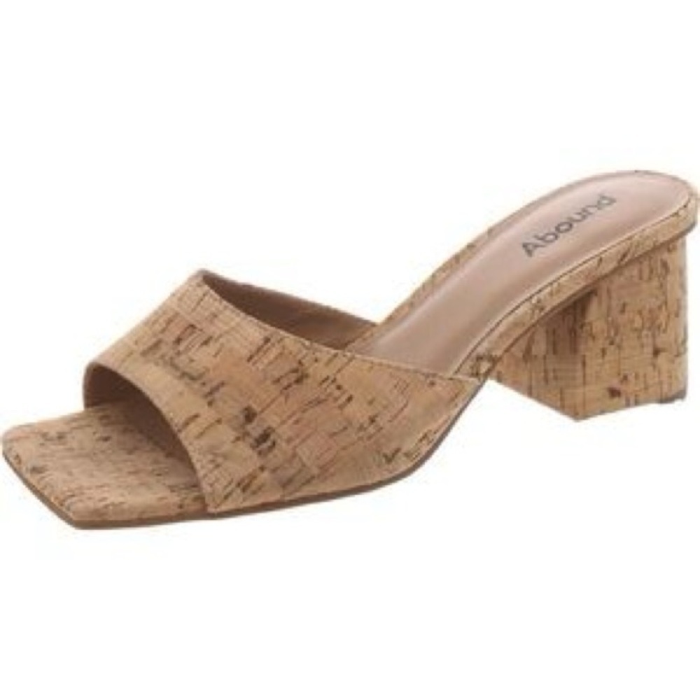 Abound Women's Erica Cork Block Heel Square Toe Slide Sandals Tan NEW